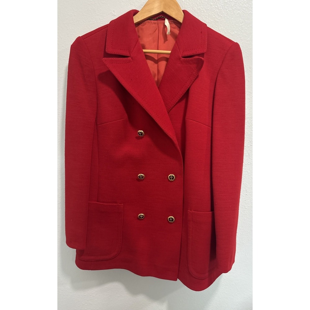 VTG Pure New Wool Blazer Womens Red Double-Breasted 80s Gold Anchor Bottoms READ